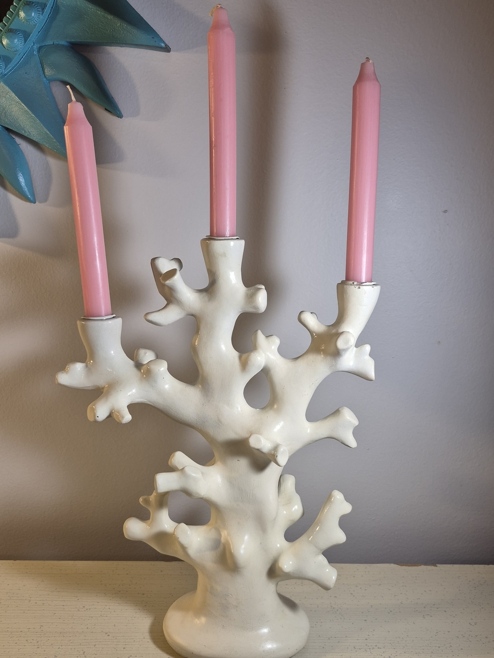 Faux Coral Branch Triple Candleholder with Pink Taper Candles